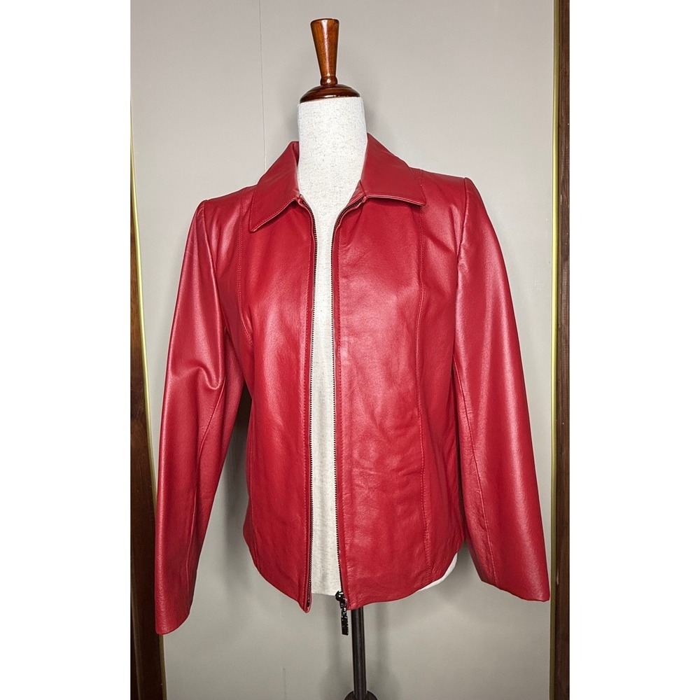 Adler Collection Red Leather Zip Front Jacket Women's Medium Tailored Minimalist